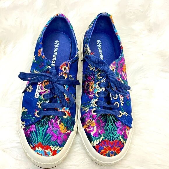 Superga Korelaw Satin Blue / Pink Embroidered Lace Up Sneakers 8 - Picture 1 of 7